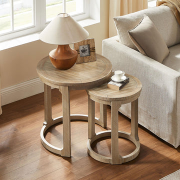 24" Round Nesting Coffee Set of 2, Solid Wood Coffee Tables Mid Century Rustic Farmhouse Side End Tea (Light Brown)