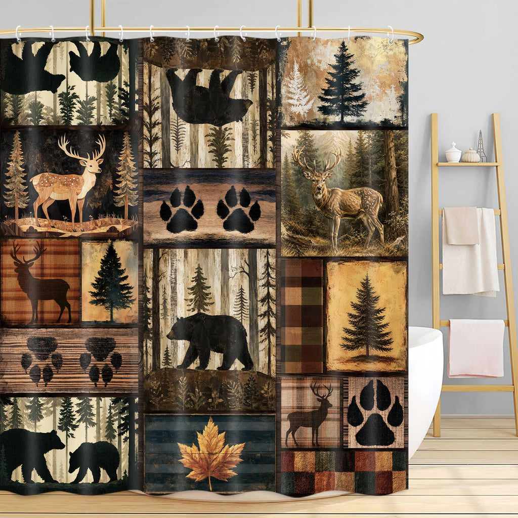 Rustic Cabin Bear Deer Pine Tree Print Vintage Woodland Lodge Bathroom Curtain Country Farmhouse Animal Paw Plaid