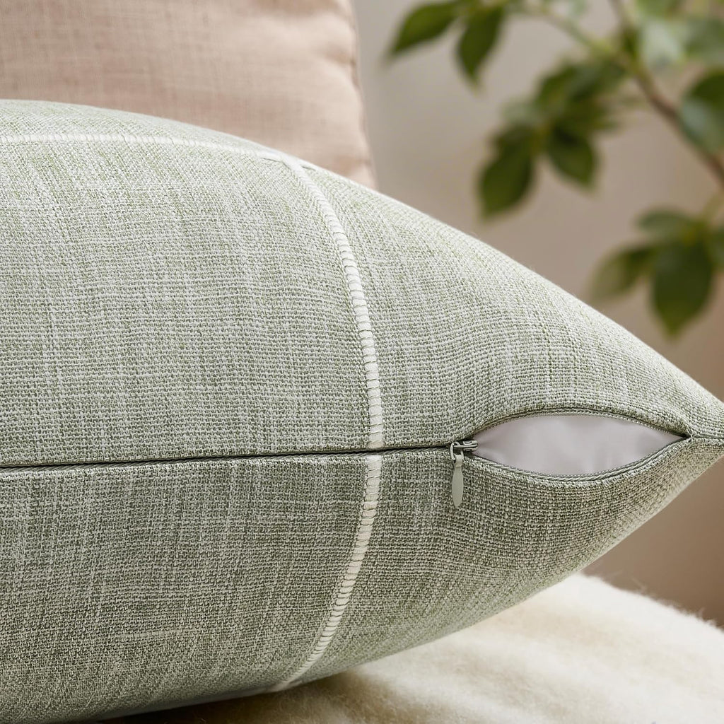 2 Packs Grid Embroidery Throw Pillow Covers, 18x18 Inch Light Sage Green, Farmhouse Linen Decorative Light Green