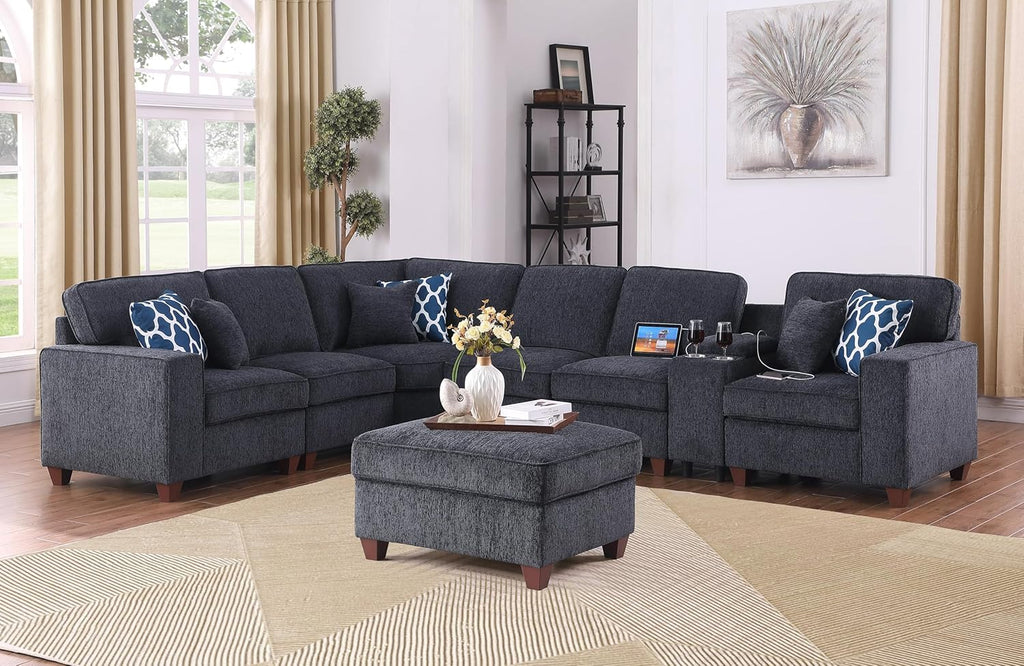 Ball & Cast 127" L-Shaped Sectional Couch with Movable Ottoman & 6 Throw Pillow,7 Seat Chenille Upholstered Sofa W/ 2