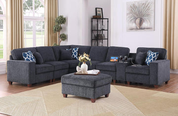 Ball & Cast 127" L-Shaped Sectional Couch with Movable Ottoman & 6 Throw Pillow,7 Seat Chenille Upholstered Sofa W/ 2