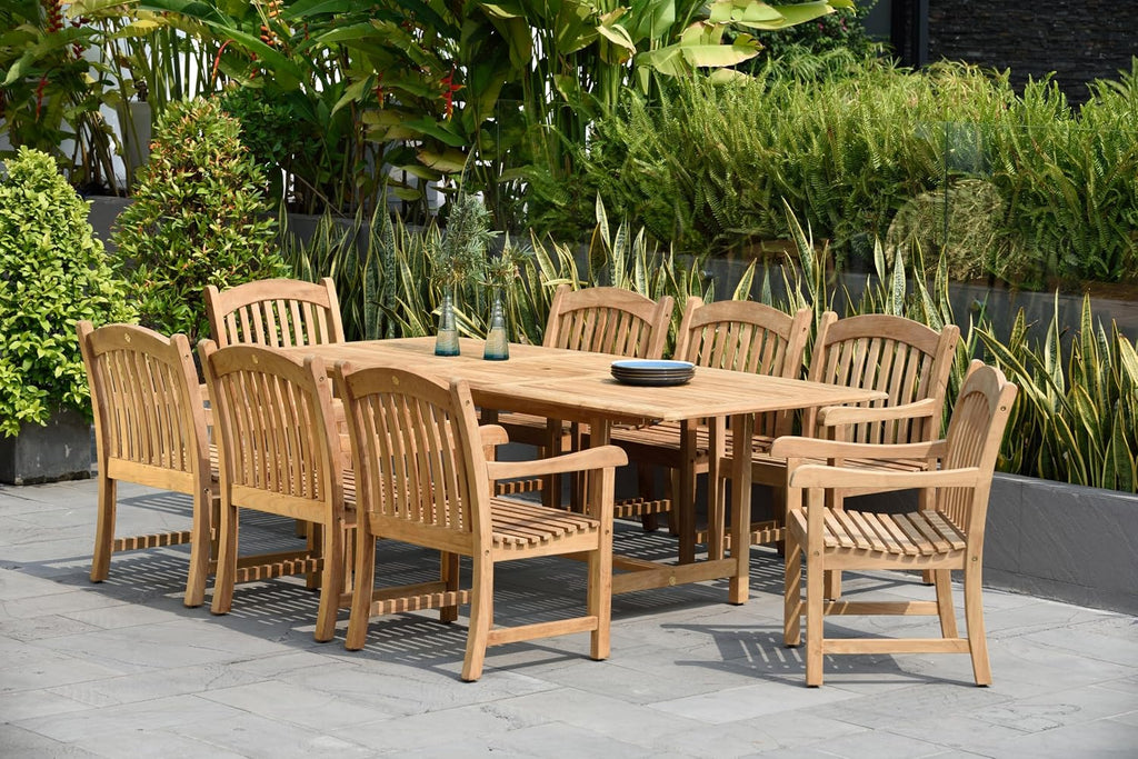 Newcastle 9-Piece Outdoor Rectangular Dining Table Set | Certified Teak | Ideal for Patio and Indoors, Light Brown