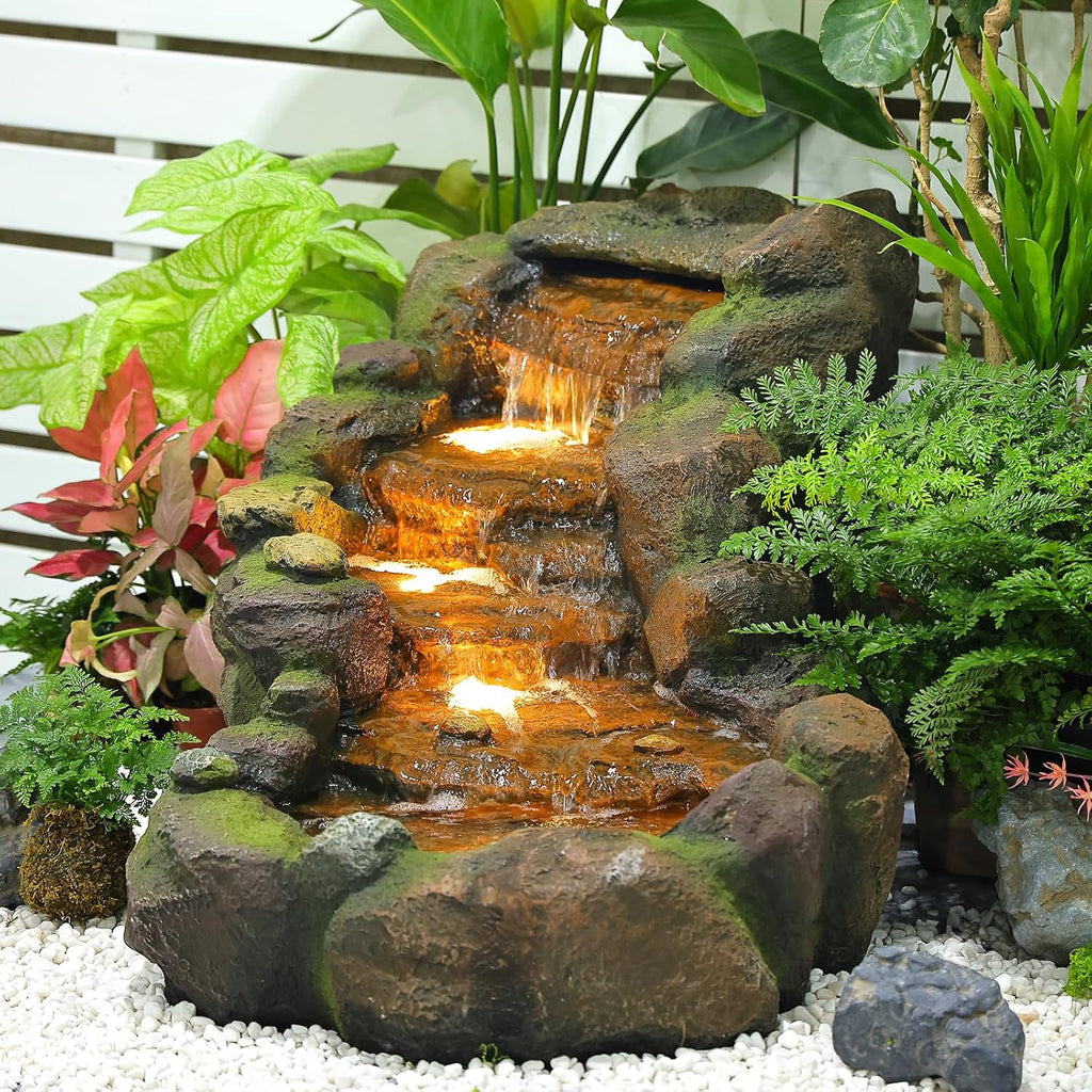 42.1" L Garden Water Fountain Outdoor, Floor Standing Mutiply Tiered Rock Outdoor Fountains with LED Lights and Pumps