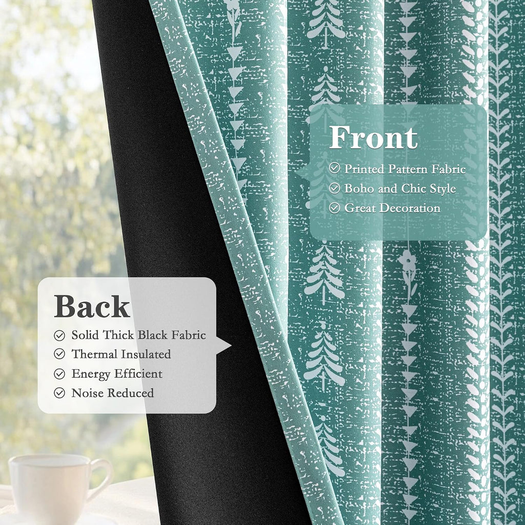 Sage Green Blackout Curtains - Boho Farmhouse Printed 95% Room Darkening Aqua Thermal Insulated Drapes