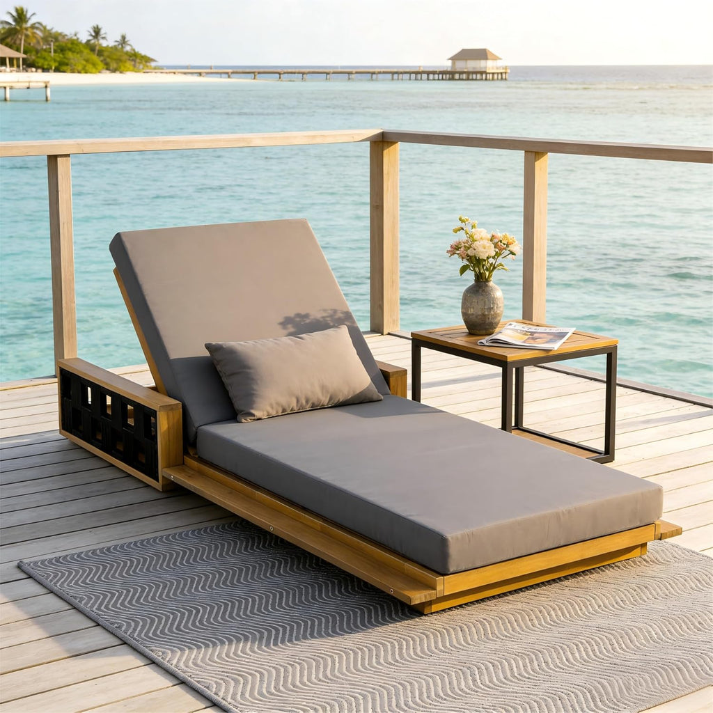 Acacia Wood Chaise Lounge with Dark Gray Cushion, 4" Thick Cushion, 300 lbs, Patio, Poolside, Garden, Indoor Use