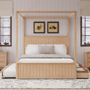Modern Queen Size Canopy Platform Bed with Trundle & 3 Storage Drawers, 4-Post Solid Wood Bed Frame with Headboard, No
