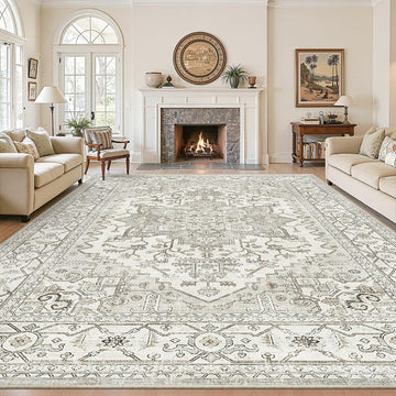 Living Room 10x14 Area Rugs, Large Neutral Beige Carpet Vintage Soft Rugs