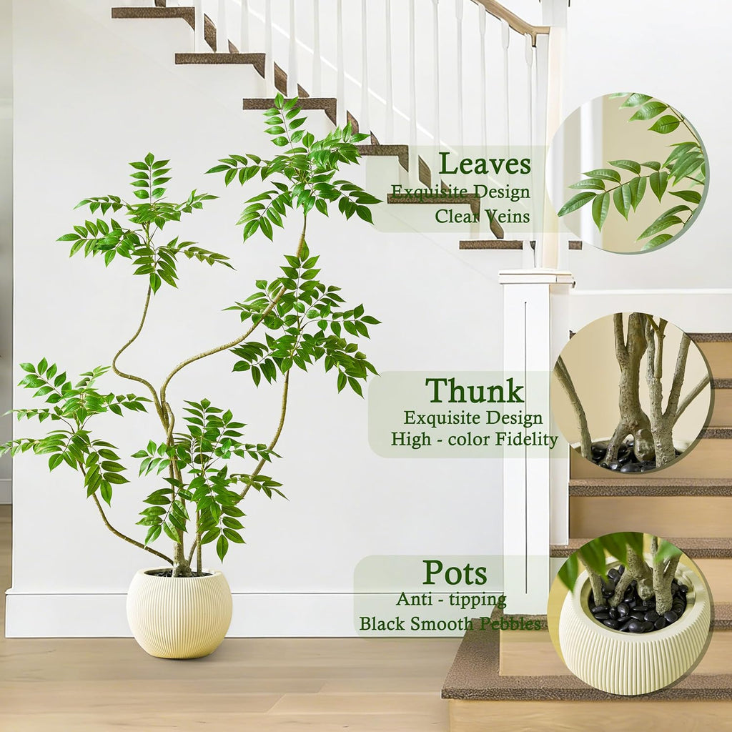 Artificial Sumac Tree:5FT Faux Mahonia Fortunei Tree Realistic Fake Floor Plant Silk Leaves & Elegant Branches in Pot