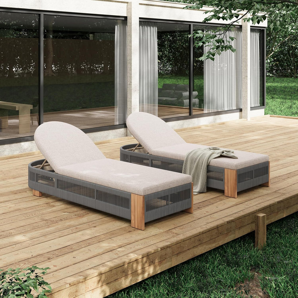 80" Rope Acacia Multi-Tilt Lazy Sleeper Chair, Patio Lounge Chaise with Water Resistant Cushion, Tanning Chaise Low