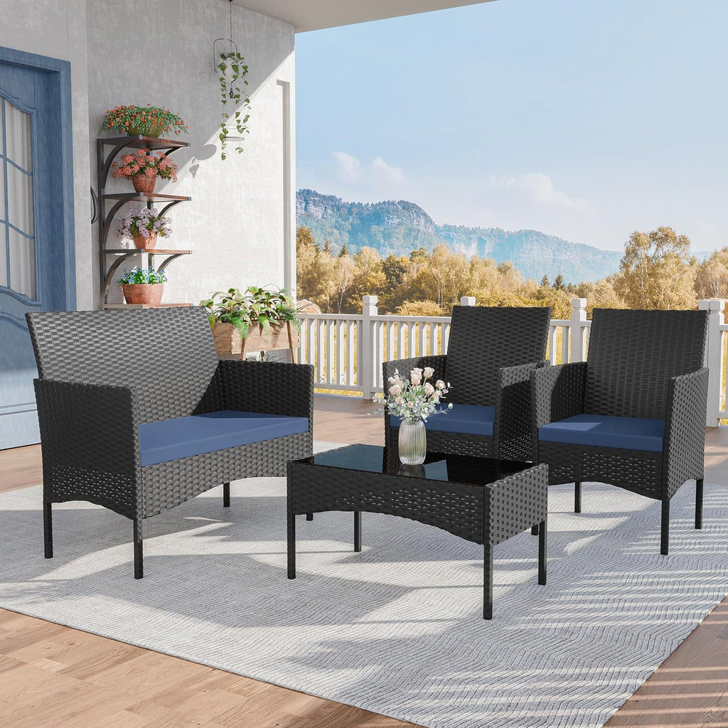 Patio Furniture Set 4 Pieces Outdoor Wicker Rattan Chairs Conversation Sets w/Coffee Table