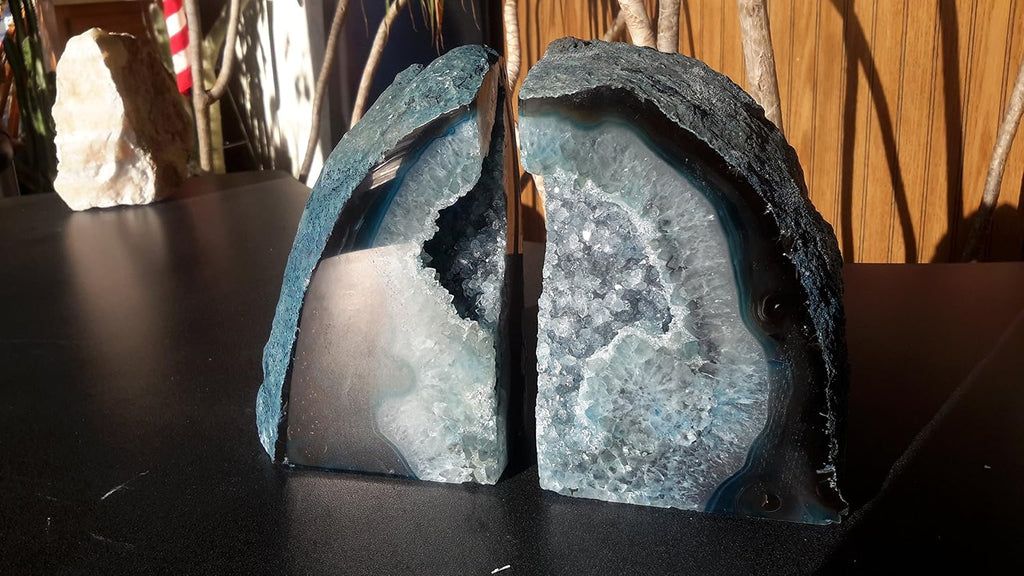 Blue Agate Quartz Geode Book Ends - Made from the Finest Grade Brazilian Agate