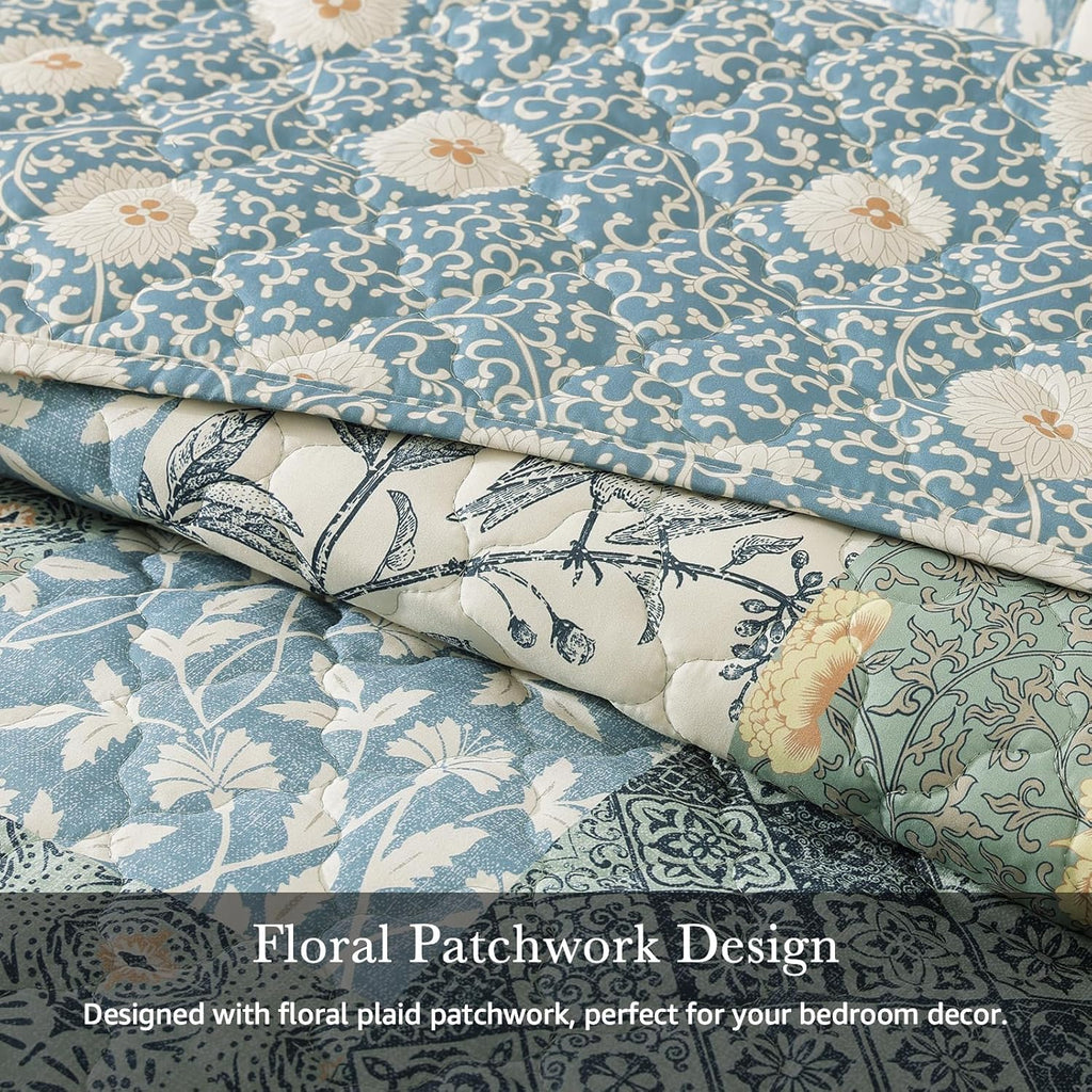 Quilt Set - 3 Pieces Patchwork Green Quilt Bedding Set, Lightweight Bedspread Coverlet, Reversible Floral