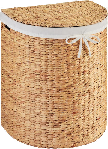 Half Moon Laundry Hamper w/Lid, Woven Half Round Laundry Basket, w/Removable Liner & Bult-in Handles & Laundry Room