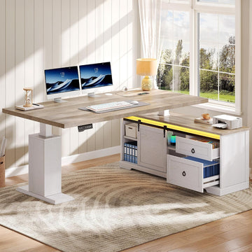 L Shaped Standing Desk with Power Outlets & LED Lights | 63" Farmhouse Electric Standing Desk Adjustable Height Sit