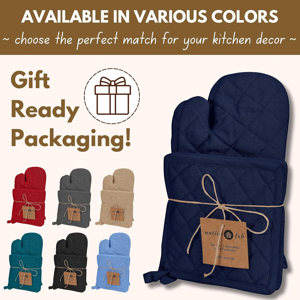 4 Piece Set - 2 Oven Mitts & 2 Potholders, Heat Resistant, 100% Cotton, Quilted Design, Non-Slip Grip, Machine