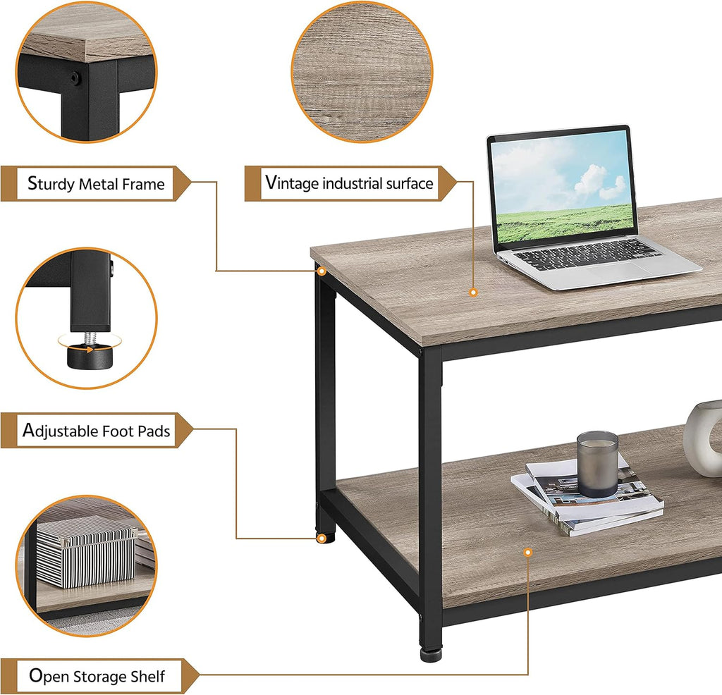 39.5" 2-Tier Coffee Table with Storage Shelve, Industrial Gray Coffee Table, Easy Assembly