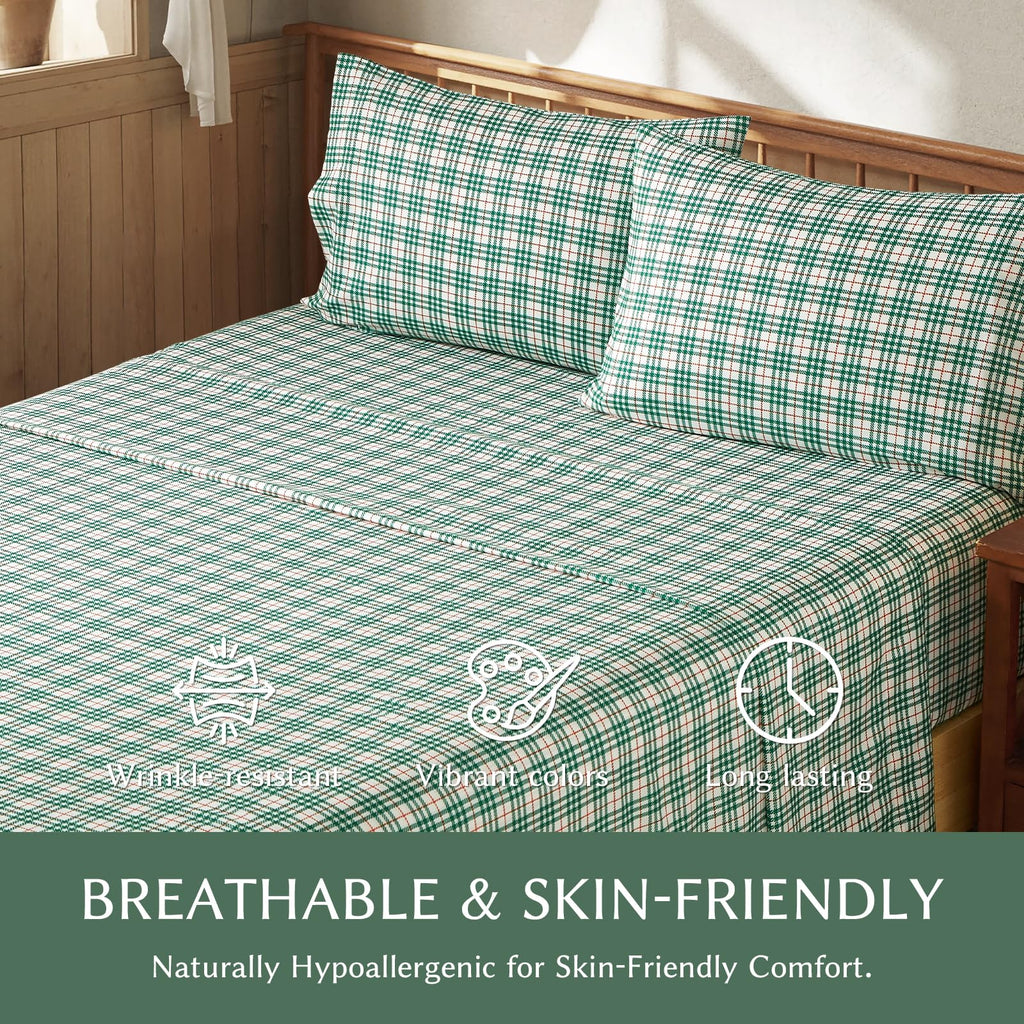 Green Checkered Sheets, Plaid Patterned, Deep Pocket 4pc