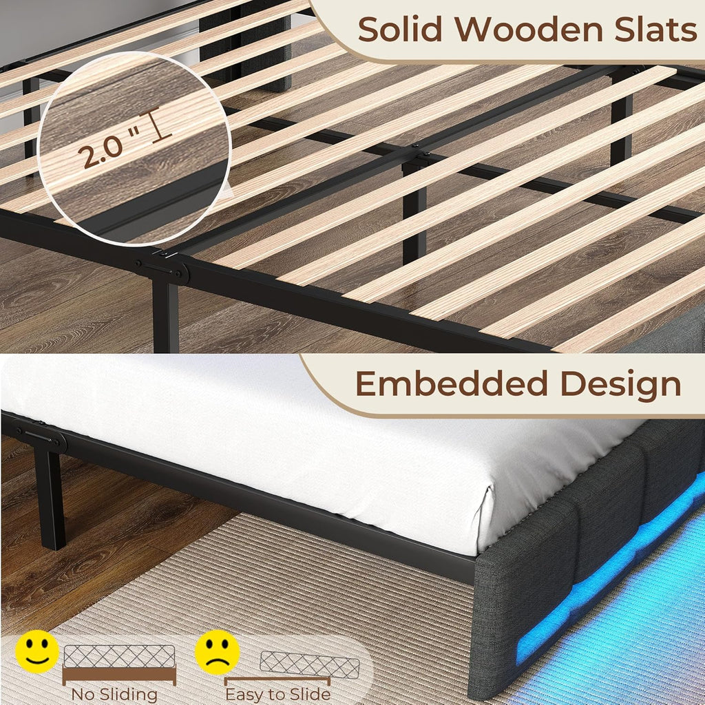 Full Bed Frame with LED Lights and Charging Station, Upholstered Headboard with 2-Tier Storage Shelves