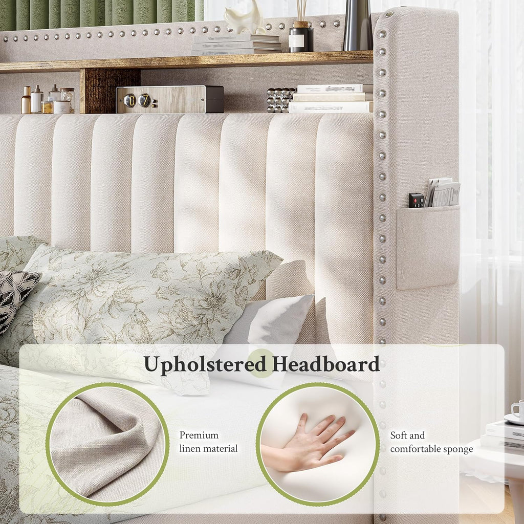 King Bed Frame with 2 Storage Drawers & Upholstered Headboard,No Box Spring Needed, Easy Assembly, Noise Free, Beige