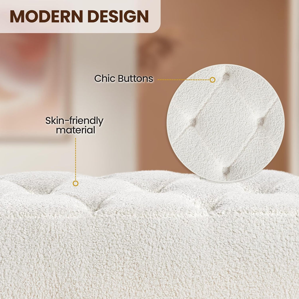 45in Boucle Ottoman Bench End of Bed, Ivory | Tufted Upholstered Bench Seat, Bed Bench with Tapered Gold Metal Legs