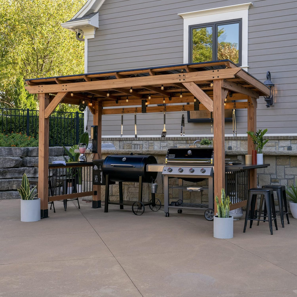 Saxony XL 12' x 6' Cedar Wood BBQ Grill Gazebo Pavilion with Hardtop Galvanized Steel Roof, Bar Tops, Powerport