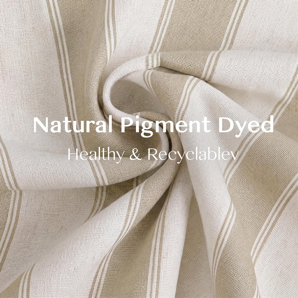 Beige Stripe Pinch Pleated Curtains, Linen Blend Light Filtering Gingham Drapes with Memory Pleats for Living Room Bedroom, 2 Panels