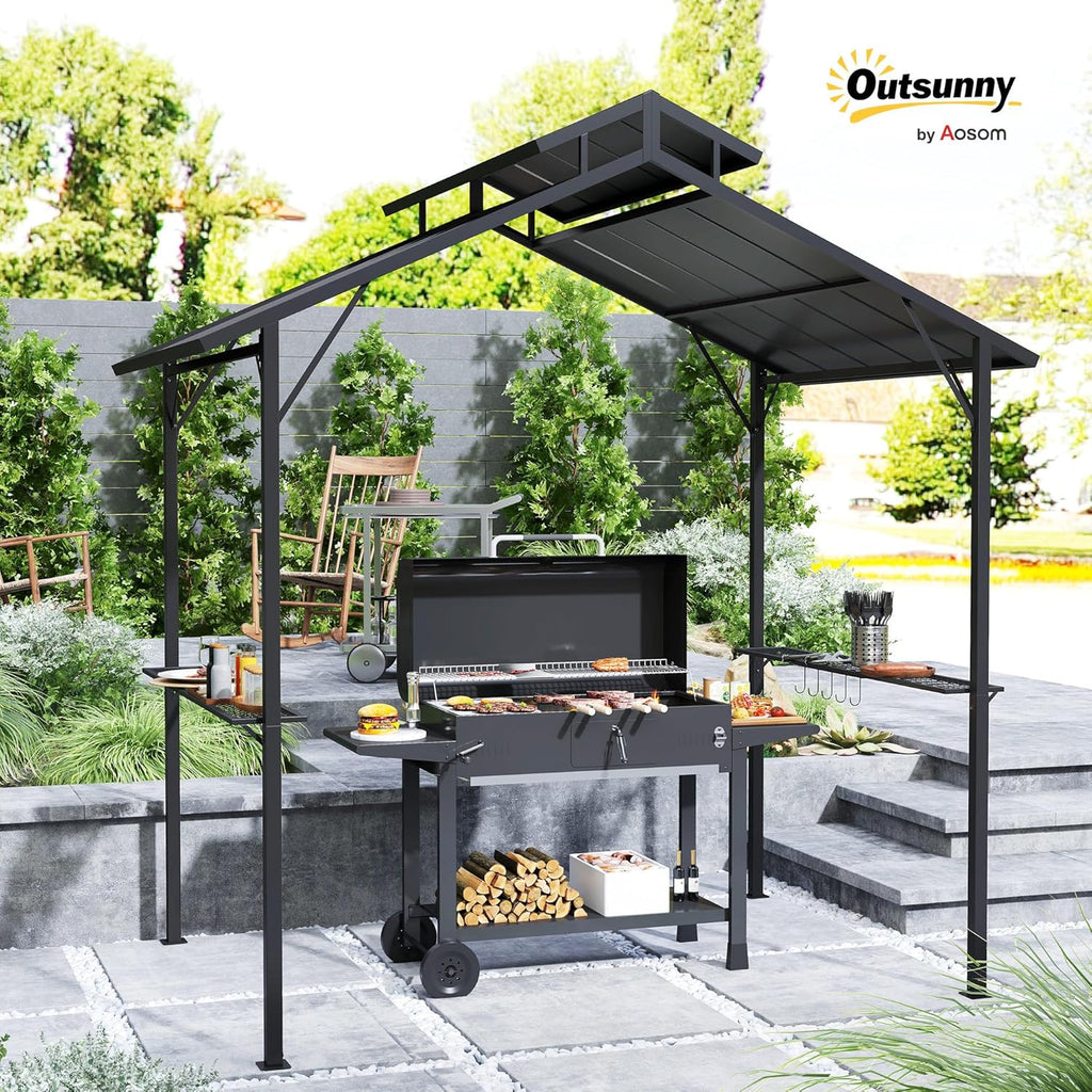 8' x 5' Hardtop Grill Gazebo, Outdoor BBQ Gazebo with Double Metal Roof, 2 Side Shelves and 10 Hooks