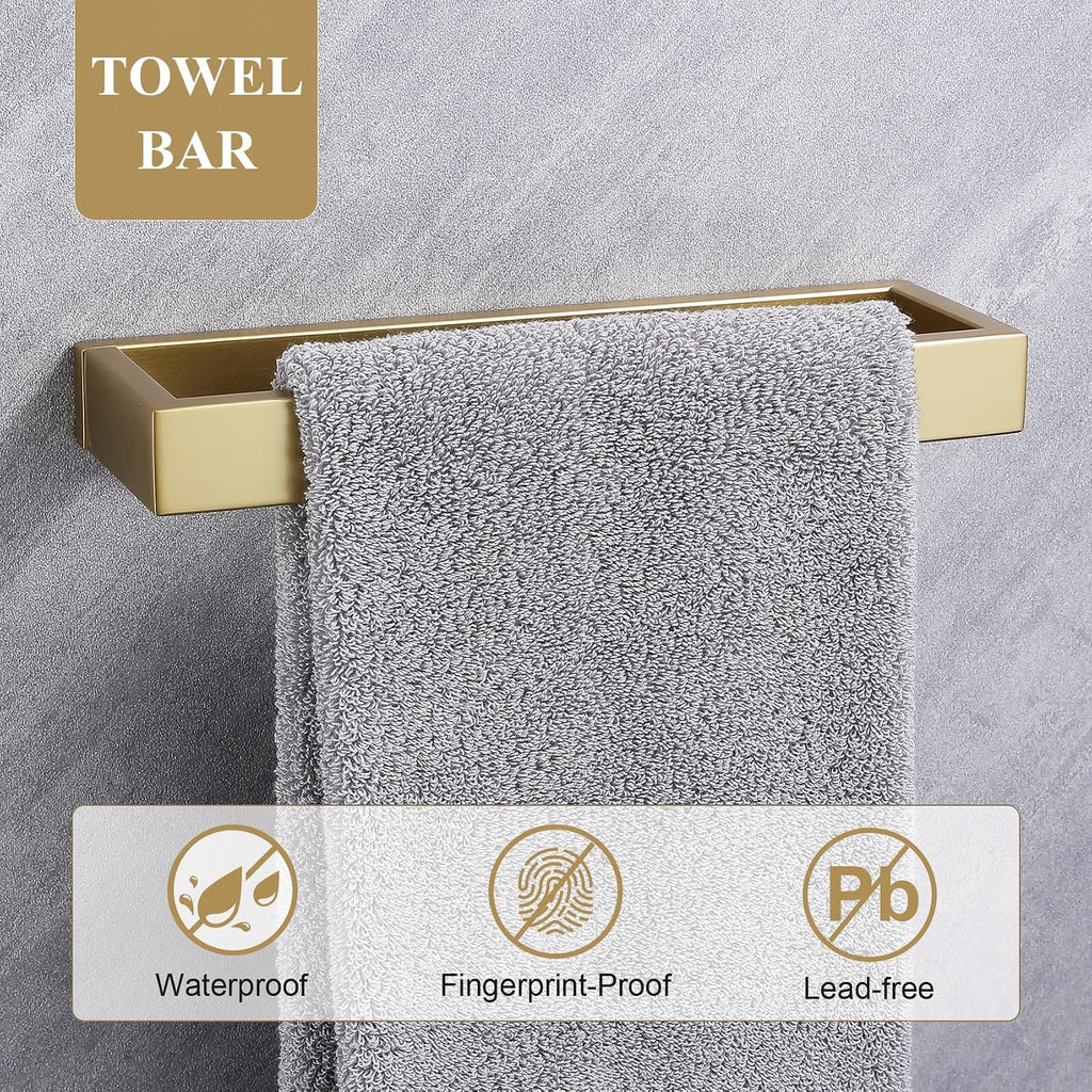 Brushed Gold Bathroom Accessories, Toilet Paper Holder, Towel Bar and Hook | 3 Pieces Bathroom Hardware Set, SUS304