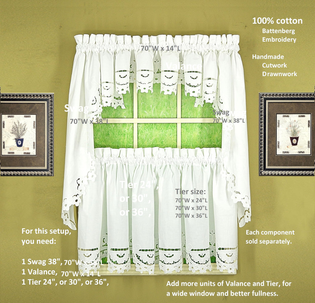 Imperial Classic Drawn Cutwork Window Swag 38", White, 70" W x 38" L