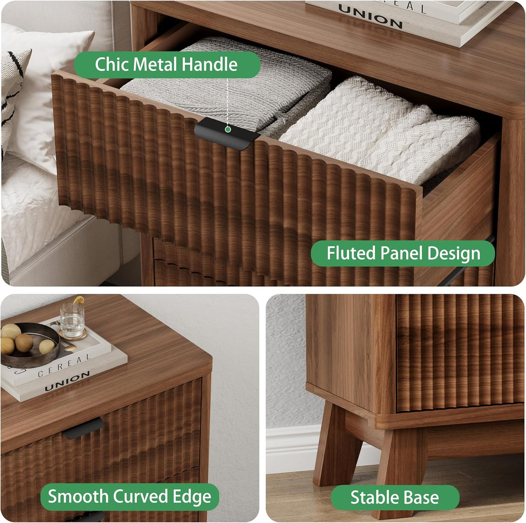 Fluted Nightstand with 3 Storage Drawers, 24" Wide Wood Bedside Table with Mental Handle, Mid Century Modern Wooden