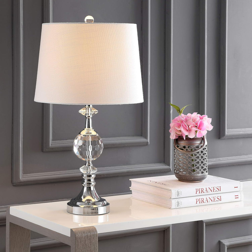 25.5" Clear Crystal and Chrome Table Lamp, Glam Faceted Sphere Bedside Lamp with White Linen Drum Shade