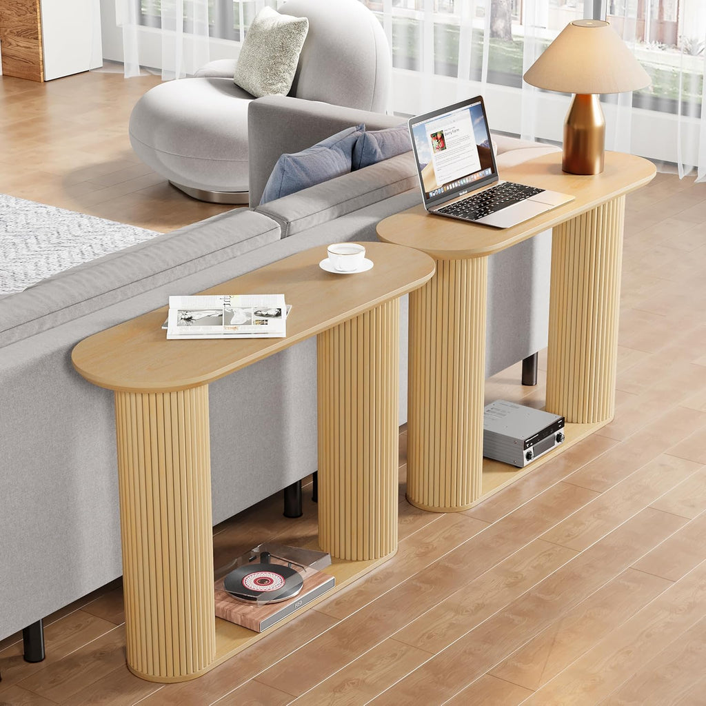 Fluted Console Table, Farmhouse Oval Curved Entryway Table with Storage and Fluted Wood Legs, Narrow Sofa Table Small