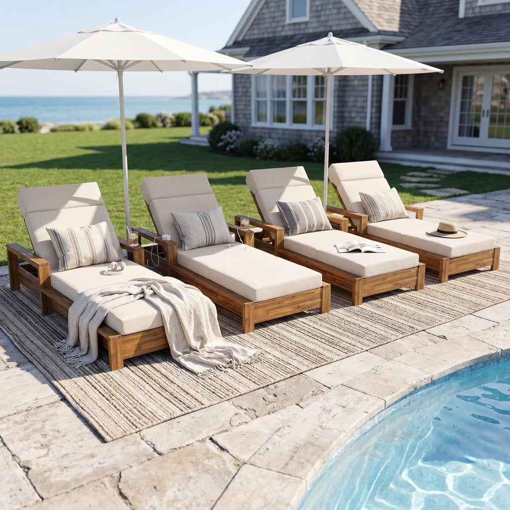 Teak Finish Acacia Wood Outdoor Chaise Lounge Frame Set with Armrests, 3-Position Adjustable Recliner, 4-Fold Beige