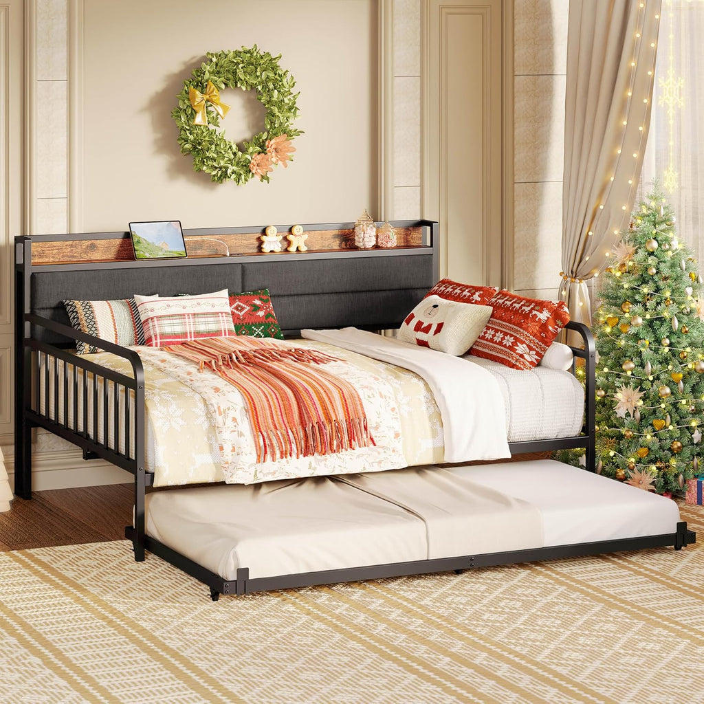 Daybed with Trundle, Full Size Bed Frame, Black | Sofa Day Bed with Upholstered Headboard and Charging Station and