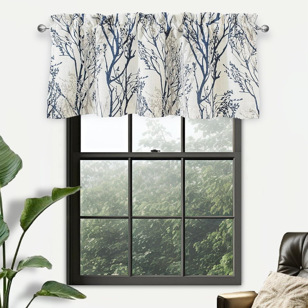 Tree Branch Linen Lined Valance Double Layer Thermal Insulated Room Darkening Blackout Valances 3 Inch Rod Pocket