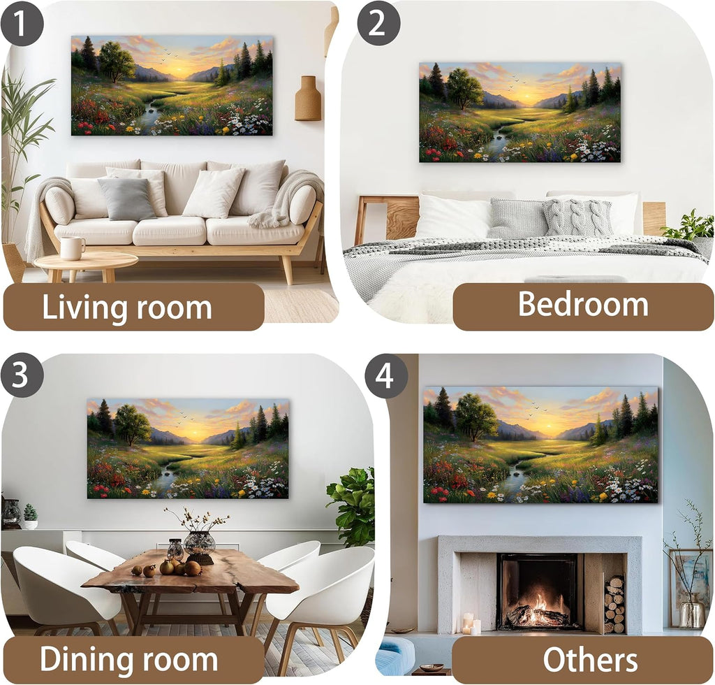 Large Green Landscape Canvas Wall Art Sunset Mountain Wildflowers Canvas Prints Nature Scenery Artwork Office Home