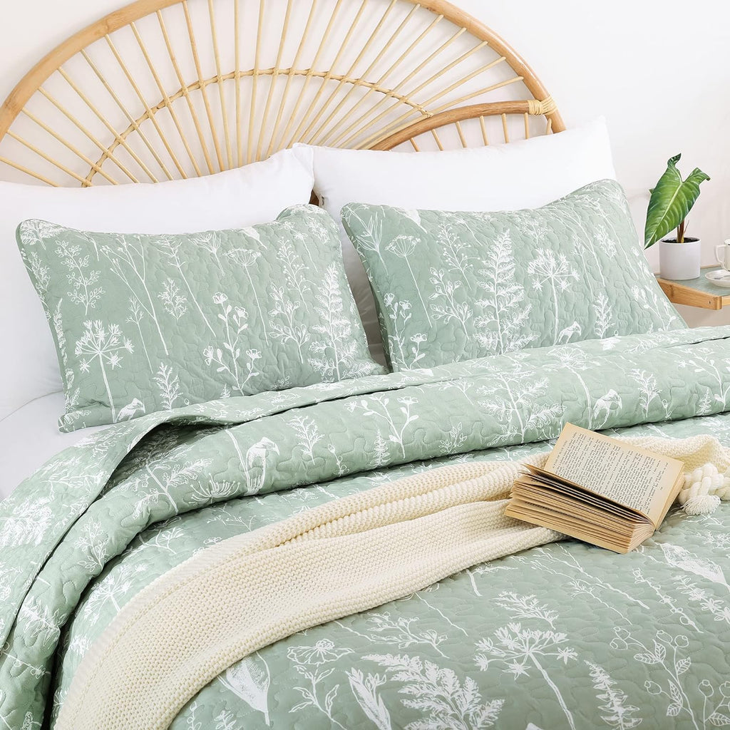 Quilts Sage Green Quilt Botanical with Floral Pattern Microfiber Bedspreads 3 Pieces Lightweight