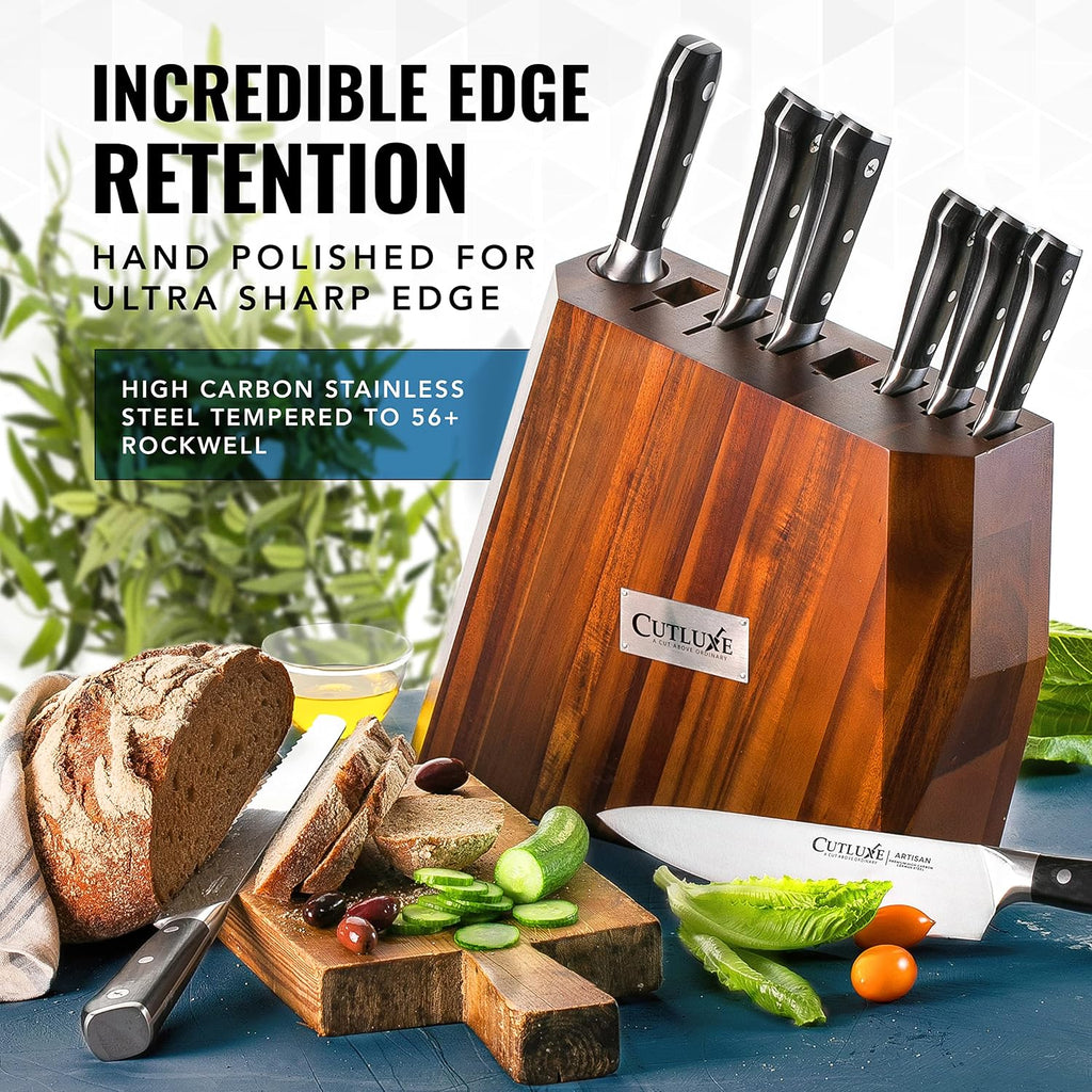 Kitchen Knife Set, 8-Piece Chef Knives with Acacia Wood Block | Razor Sharp Full Tang Blades, High Carbon German