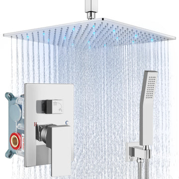Ceiling Shower Faucet Set with Handheld 12" LED Head Polish Chrome