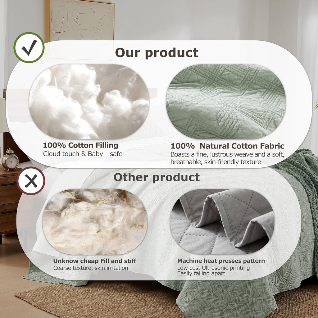 100% Cotton Quilt Set - Sage Green Pre-Washed Soft Lightweight Modern Bedspread, Farmhouse Country Rustic