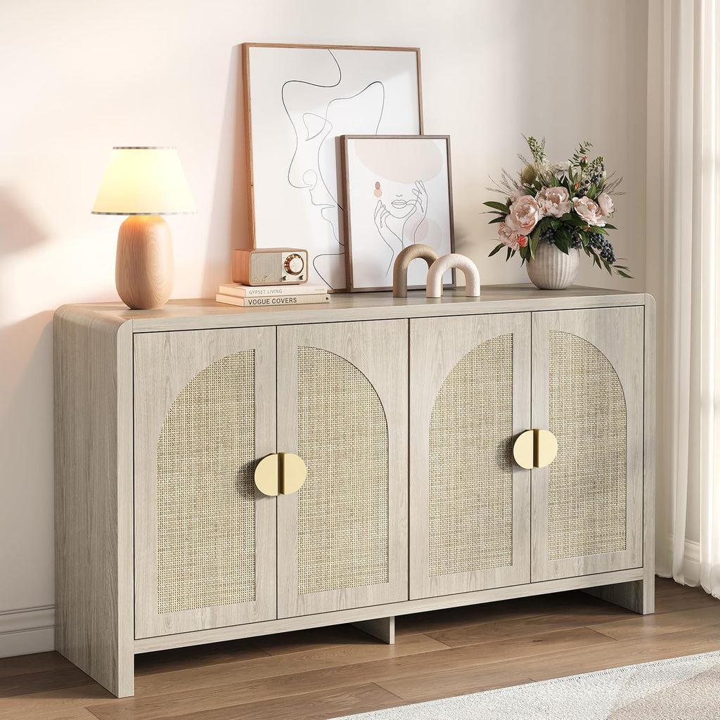 Rattan Sideboard Buffet Cabinet with Storage, 55" Accent Cabinet with Arch Doors & Adjustable Shelves
