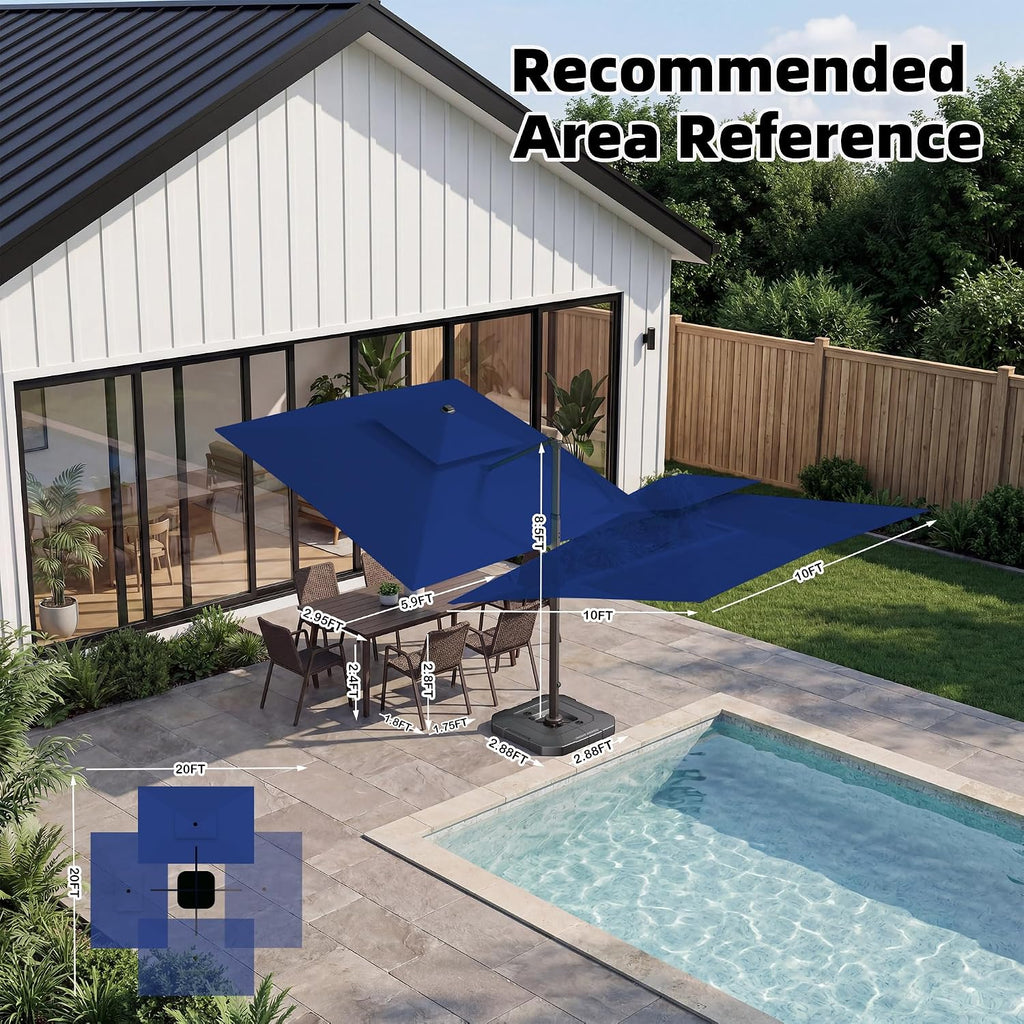 10x10 FT Cantilever Patio Umbrella with Base Included Double Top Outdoor Square Large Heavy Duty Aluminum Offset