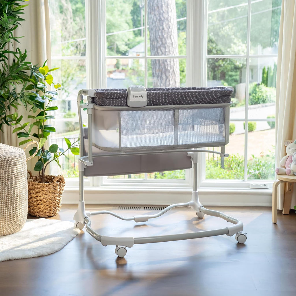 Dream & Grow Bedside Baby Bassinet with AirLoom Mattress, for Ages 0-12 Months, Adjustable Height - Handstitch (Grey)