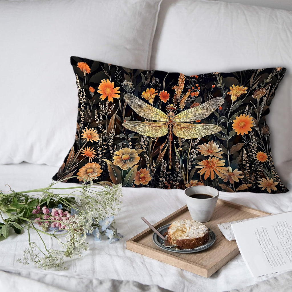 Moody Vintage Dragonfly Bee Floral Pillow Covers 12x20 Set of 2, Dark Cottagecore Botanical Wildflower Dragonfly