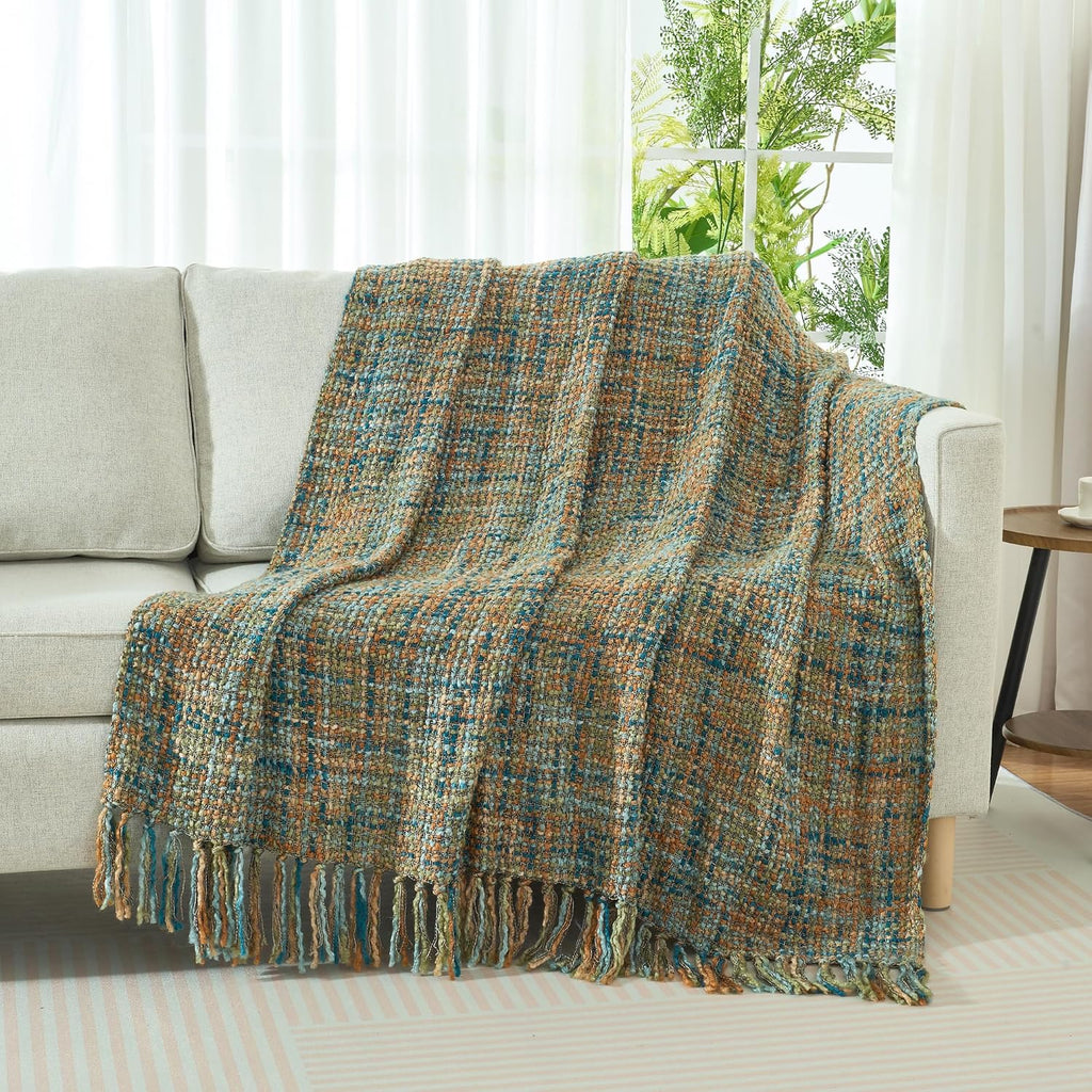Multi-Color Gold Green Cable Woven Throw Blanket,50"X60" Boho Style Textured Blankets,Super Soft Warm Cozy Chunky