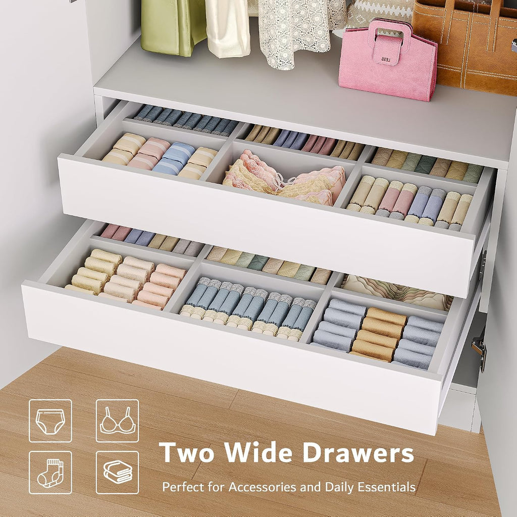 4 Doors Armoire Wardrobe Closet with 2 Drawers, 63" Large Wardrobe Cabinet with Removable Hanging Rods and Adjustable