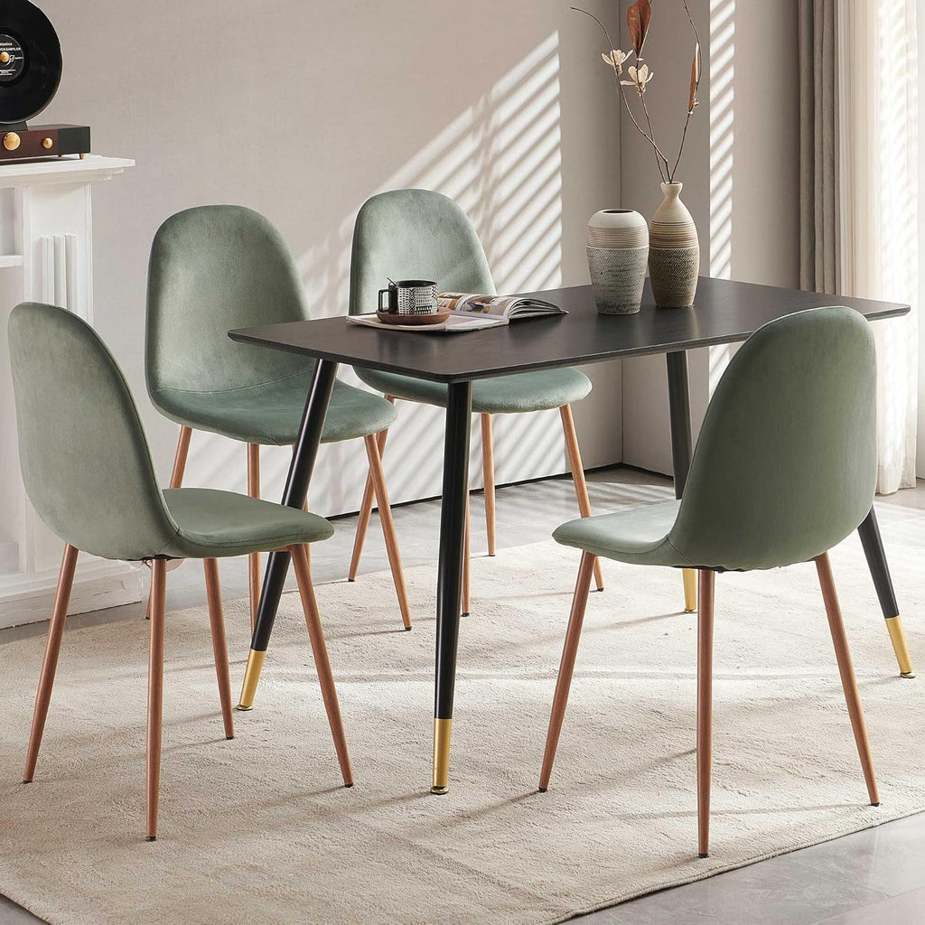 Dining Chairs Set of 4, Mid Century Modern Green Velvet Upholstered Fabric Kitchen Chairs with Backrest & Metal