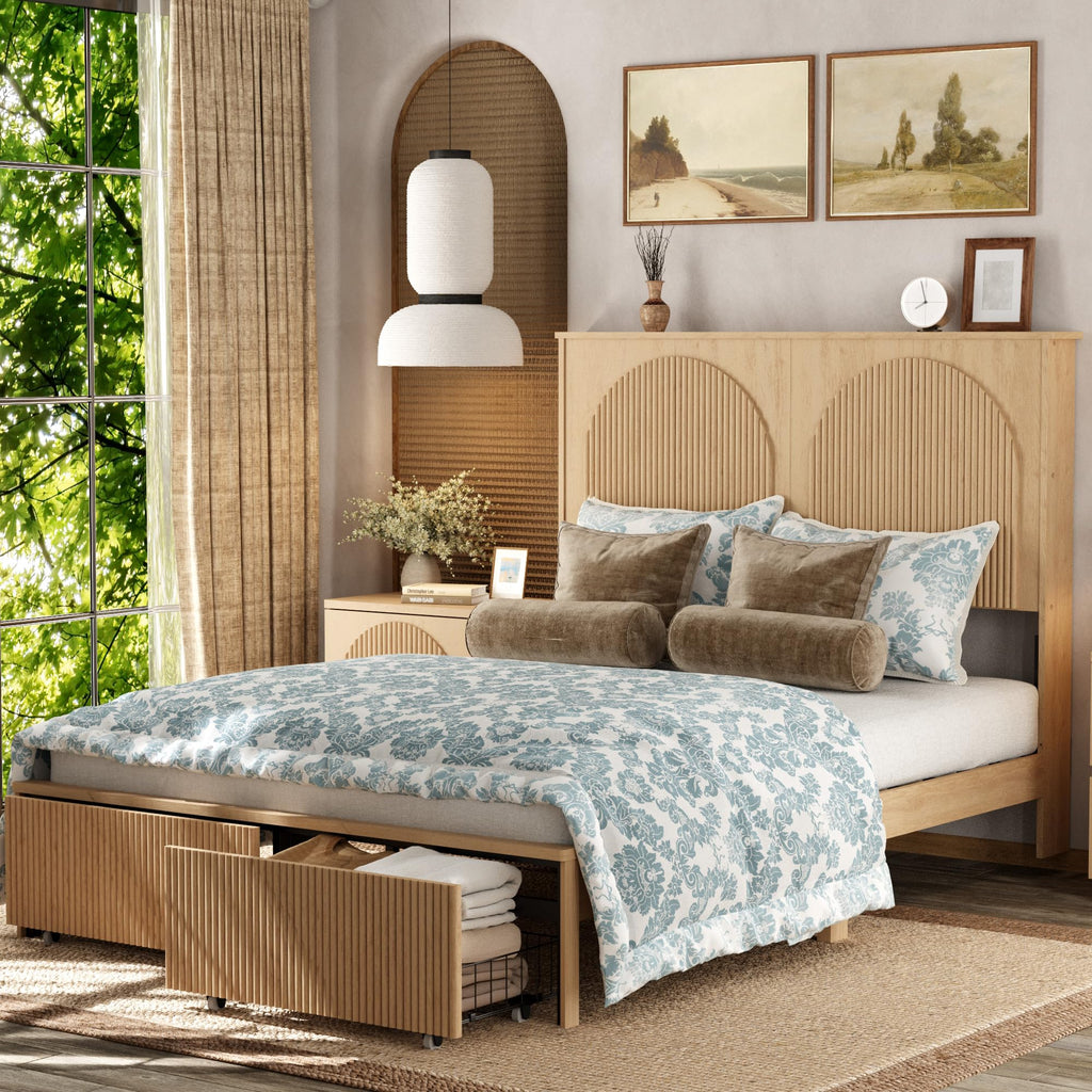 Queen Bed Frame with 52.4" Tall Headboard, Fluted Bed Frame with 2 Storage Drawers, Modern Arched Reeded Wood Beds