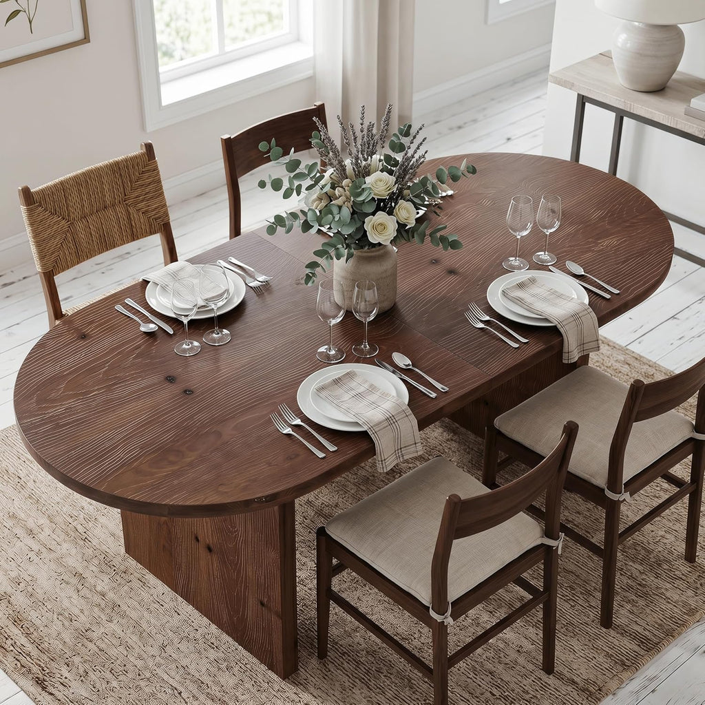 63-Inch Oval Dining Table, Farmhouse Solid Wood Kitchen Table for 4-6, Large Dinner Furniture with Double Pedestal