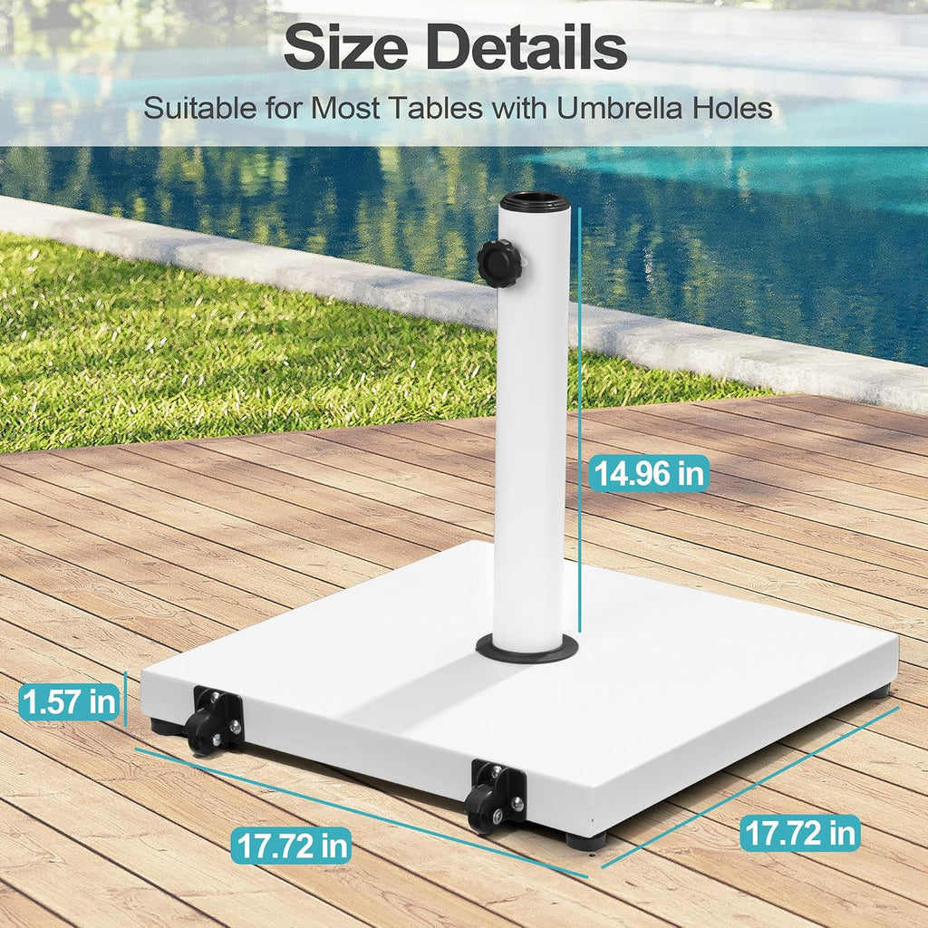 Patio Umbrella Base 43lbs Outdoor Umbrella Stand with Wheels, Heavy Duty Square Concrete Stand Market Umbrella, White